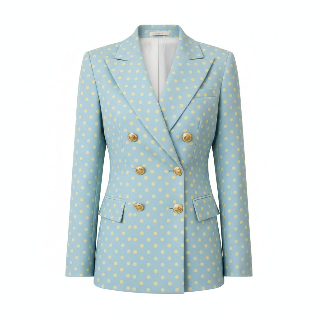 Light blue blazer with yellow polka dots and gold buttons on a neutral background