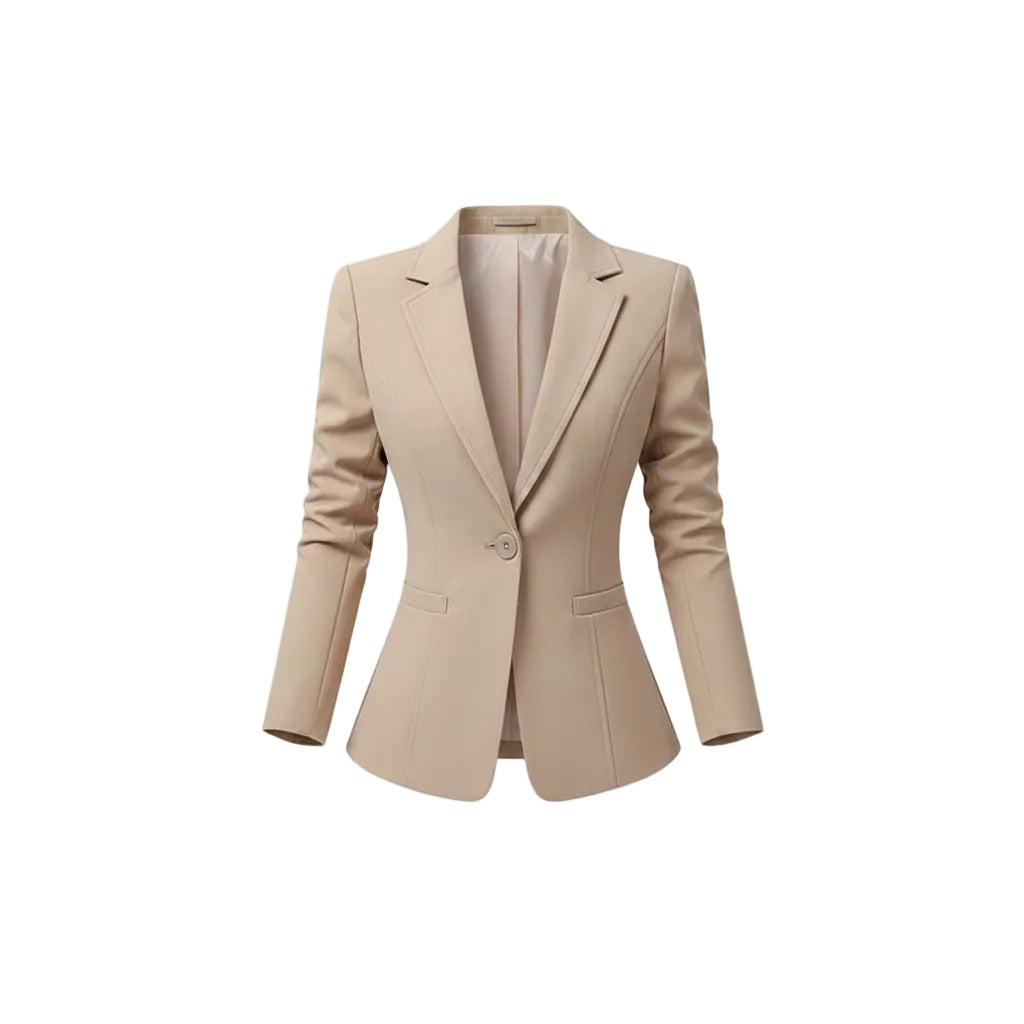 Woman wearing a beige blazer in an indoor setting