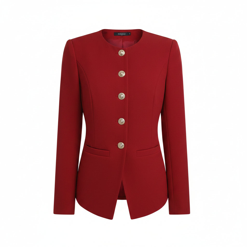 A woman wearing a red long-sleeve blazer with decorative silver-tone buttons down the front and flap pockets, paired with black pants.