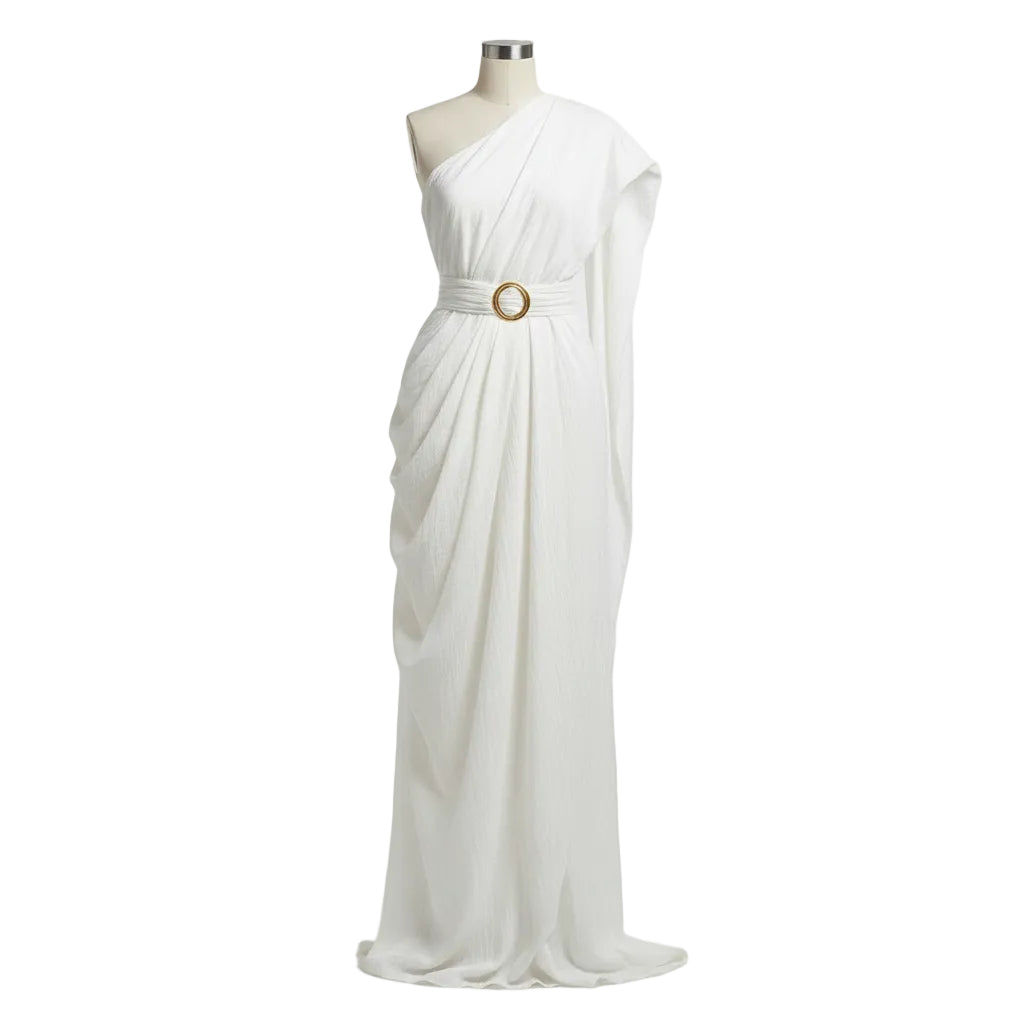 Woman wearing a white one-shoulder dress with a belt against a beige wall.