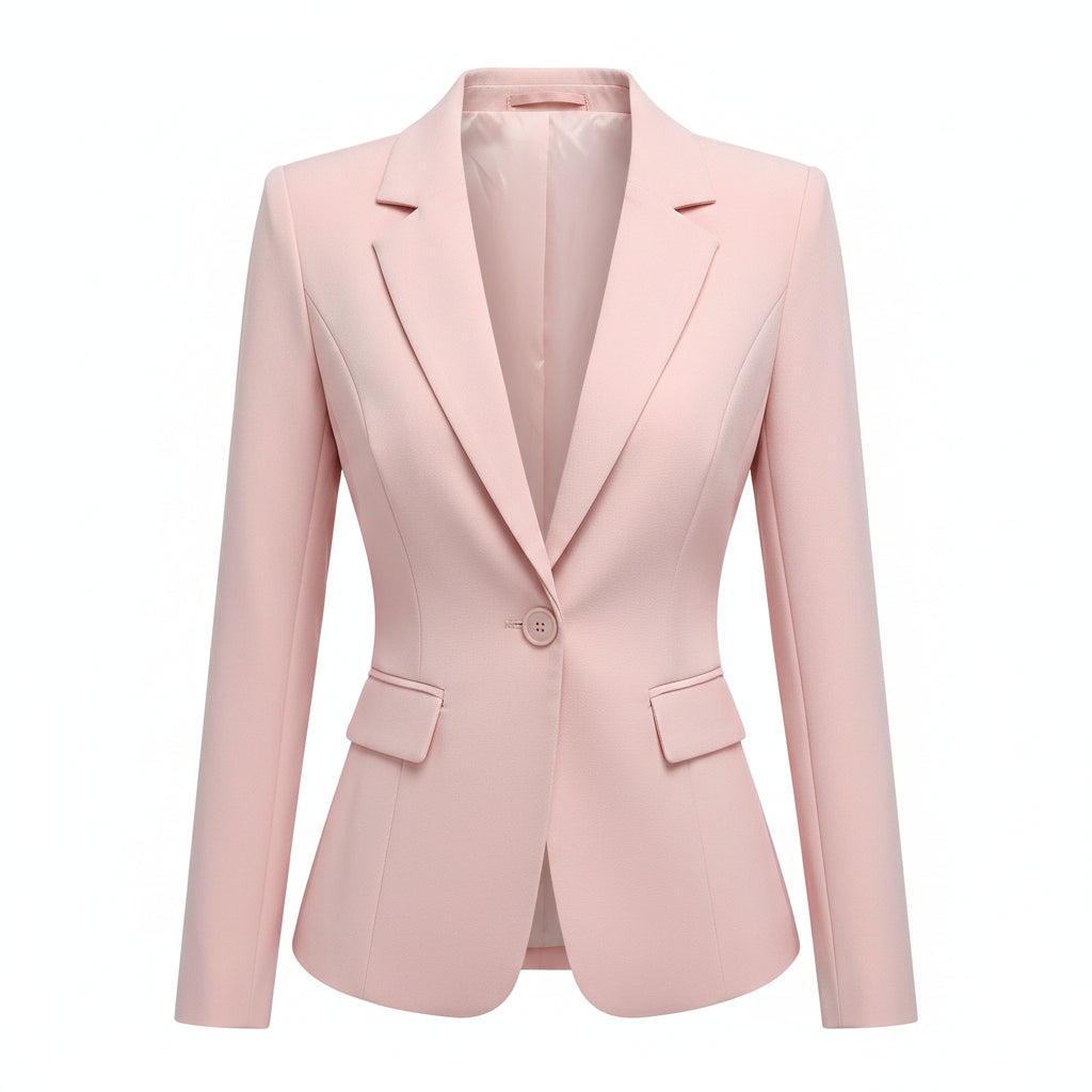 Woman wearing a pink blazer over a white top and black pants indoors.