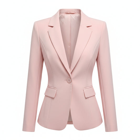 Woman wearing a pink blazer over a white top and black pants indoors.