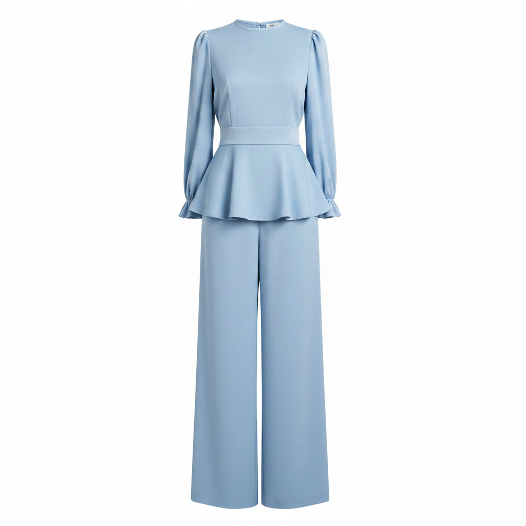 Light blue outfit with a peplum top and wide-leg pants on a white background