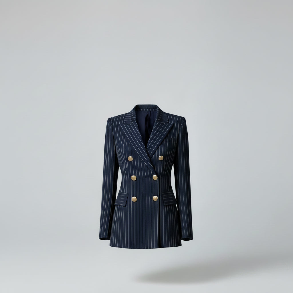 Person wearing a blue pinstripe suit with gold buttons against a neutral background