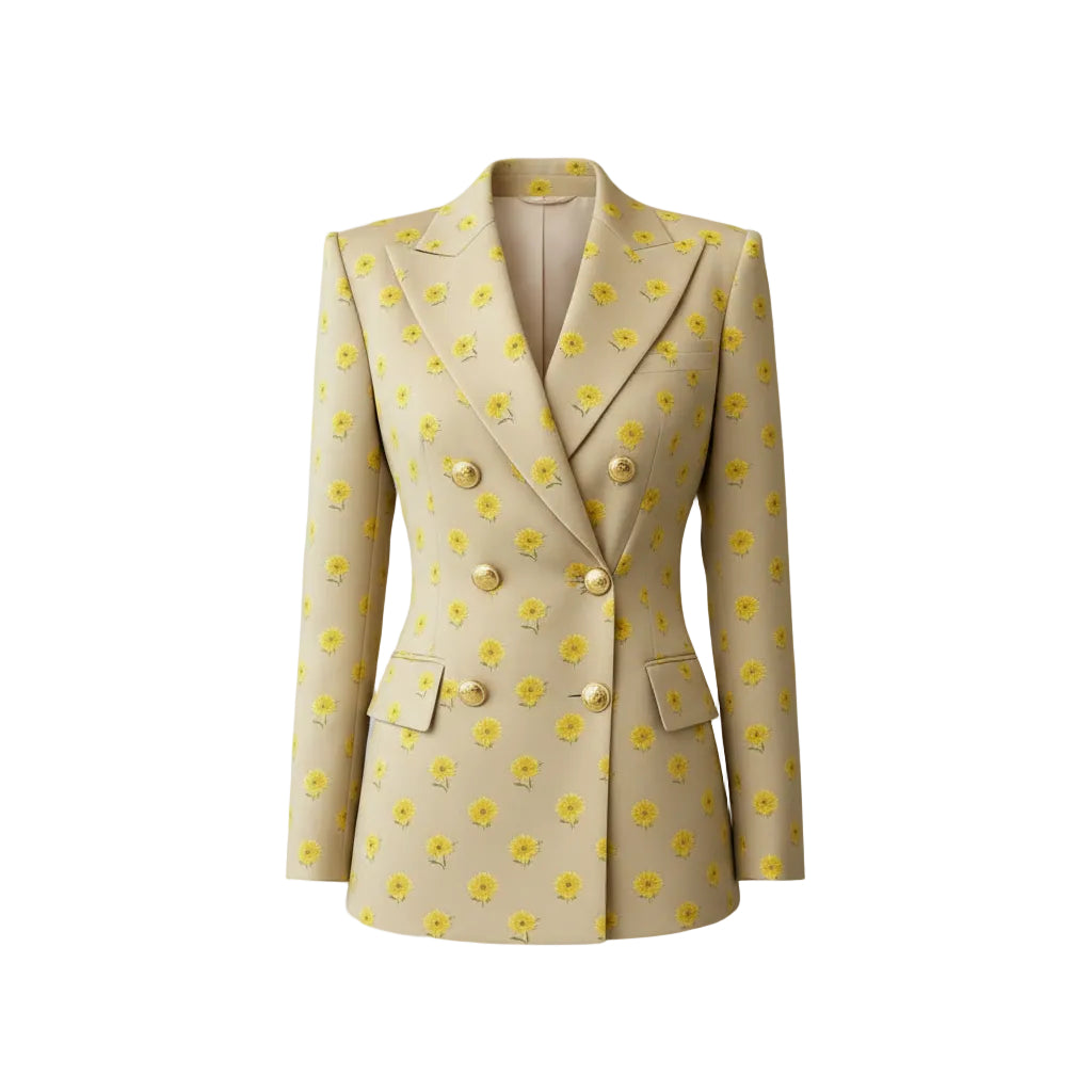 Beige suit jacket with yellow floral pattern and gold buttons on a neutral background