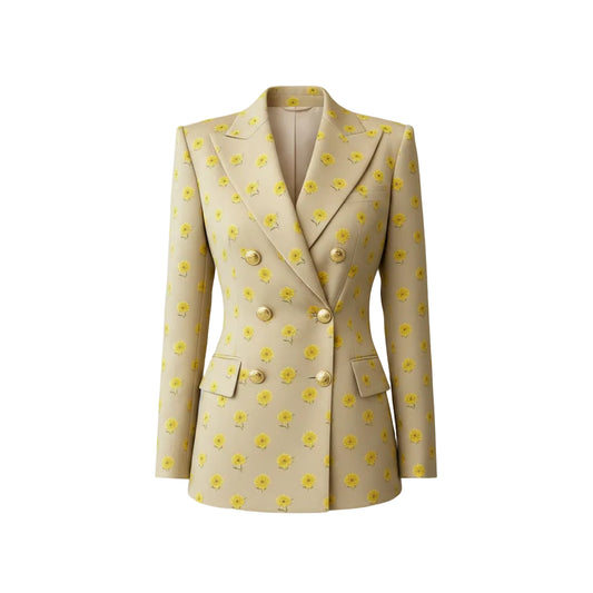 Beige suit jacket with yellow floral pattern and gold buttons on a neutral background
