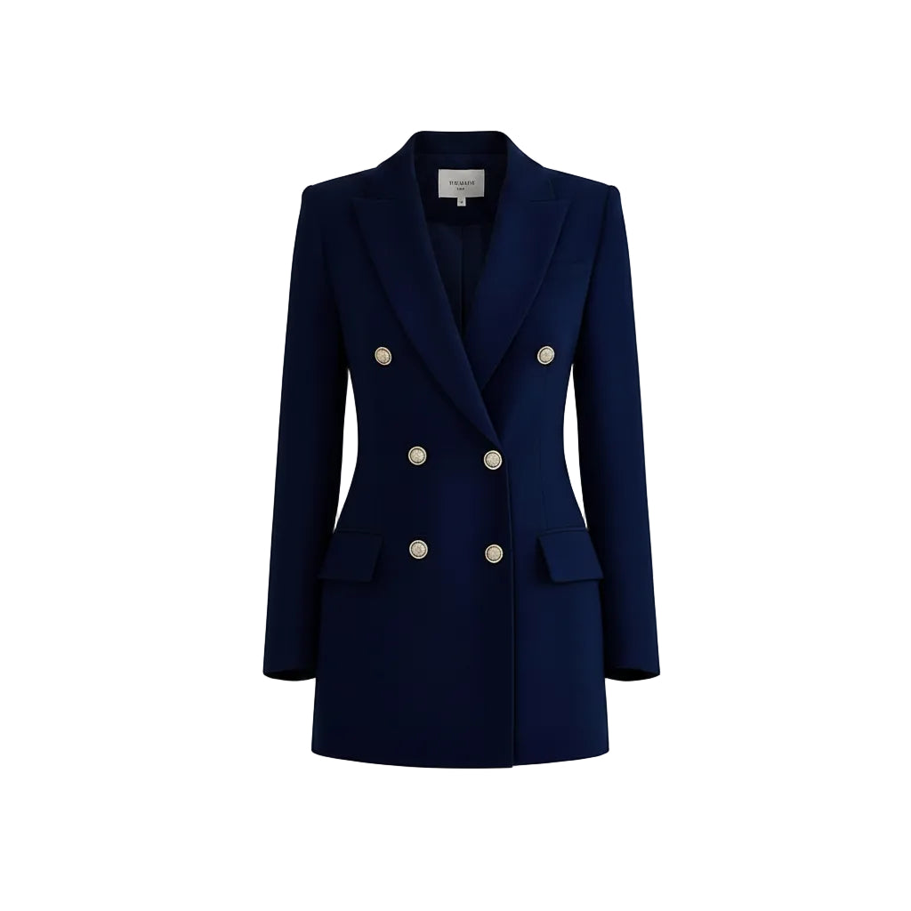 Woman wearing a navy blue blazer over a black dress in an indoor setting.