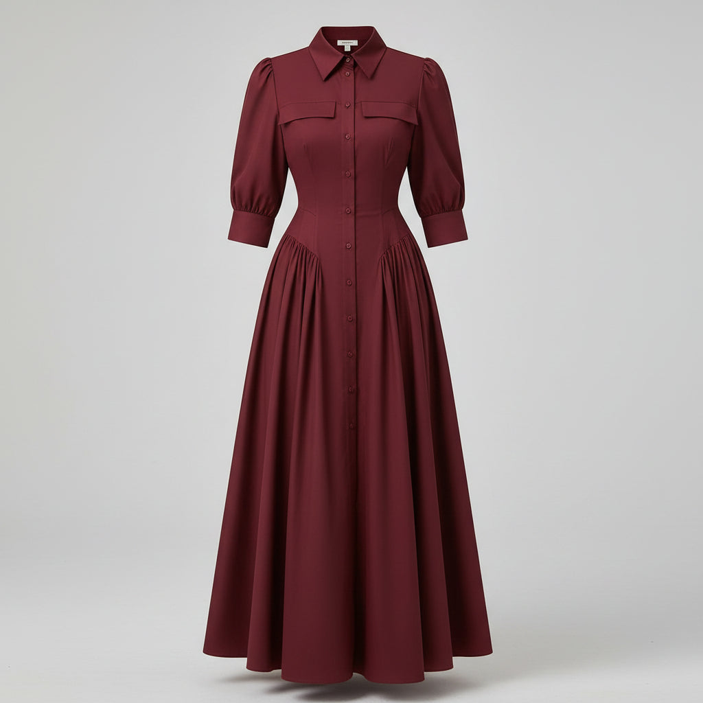Woman wearing a burgundy dress in an indoor setting