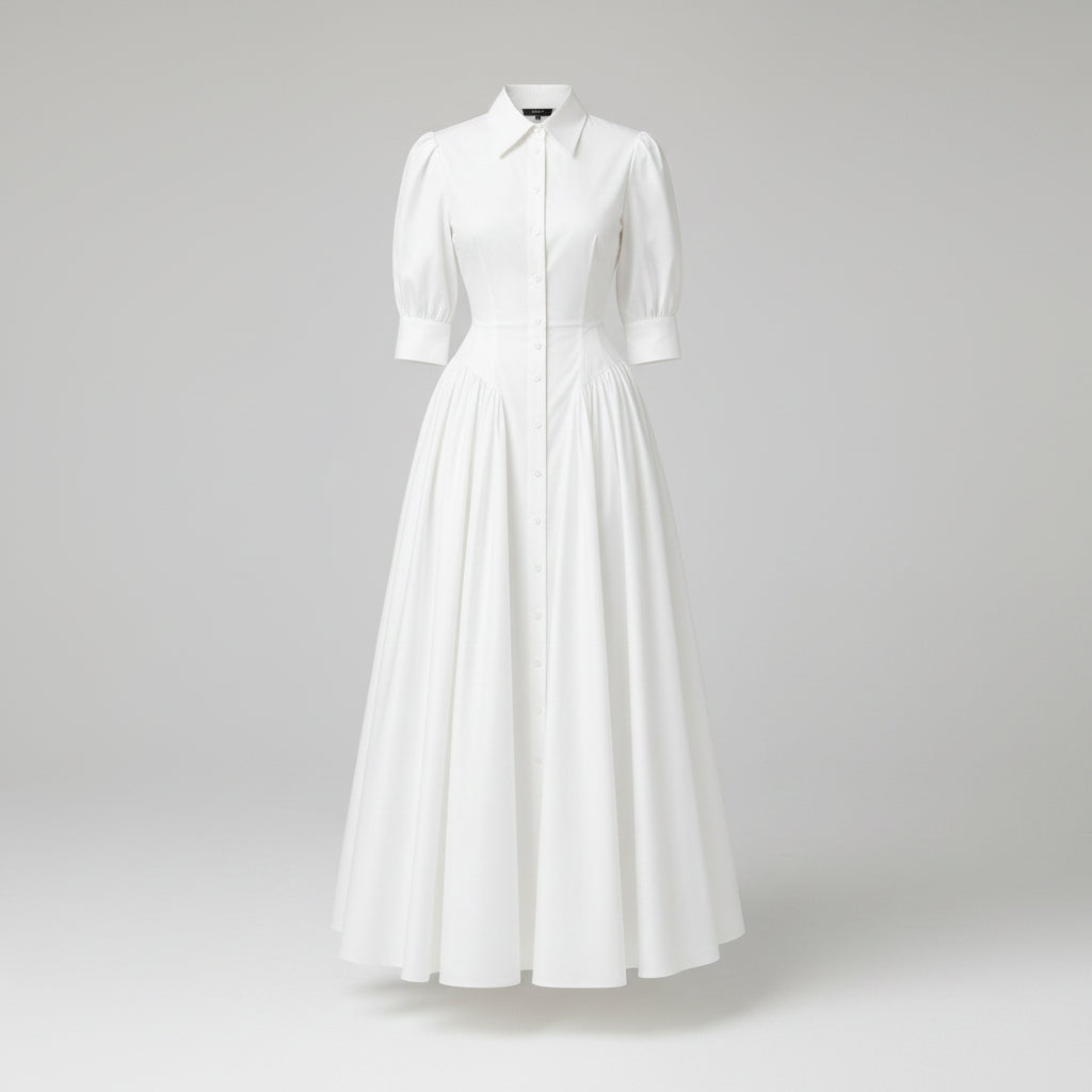 Woman wearing a white dress in an indoor setting