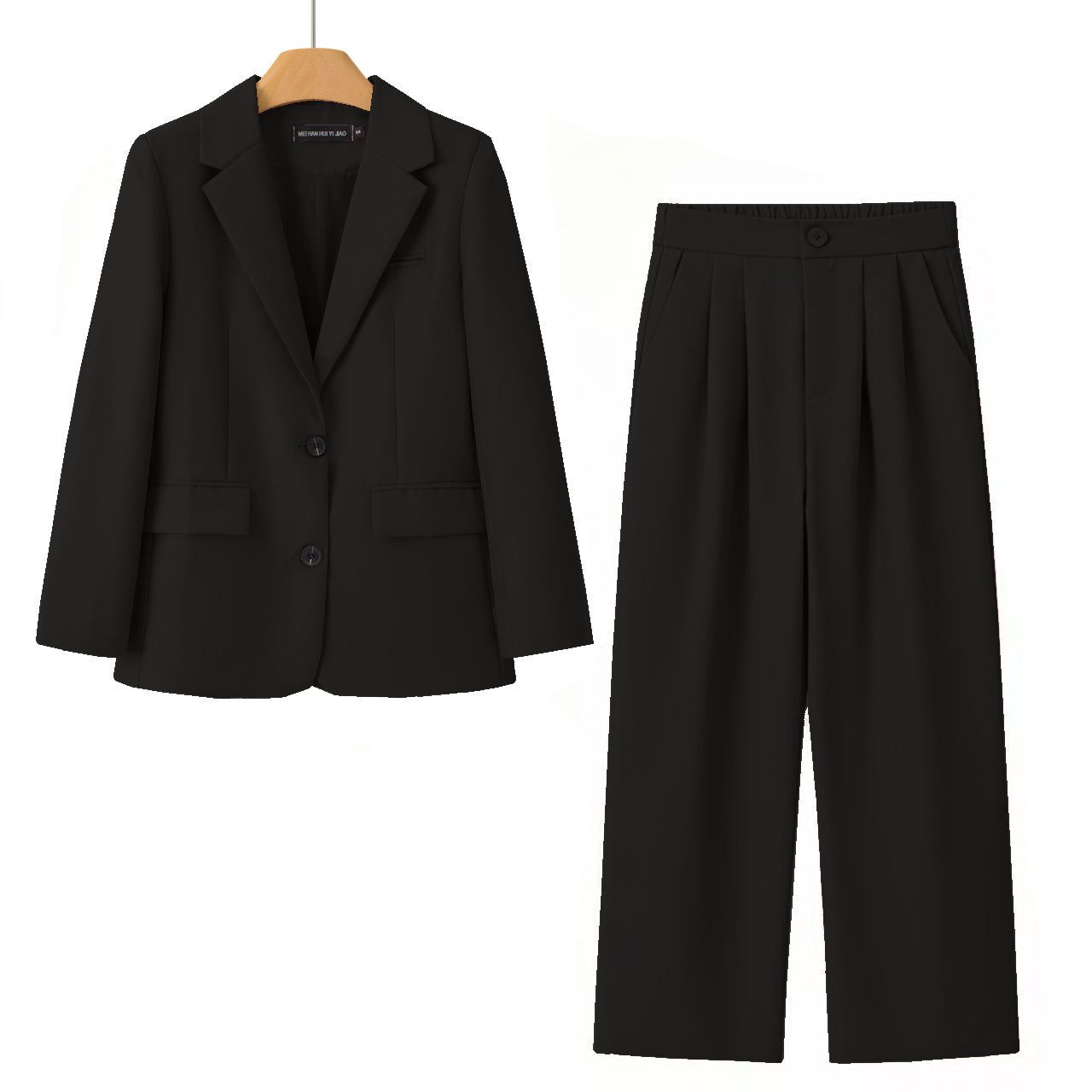 A women's two-piece suit set consisting of a black blazer on a wooden hanger and matching black pleated trousers, displayed against a solid white background.