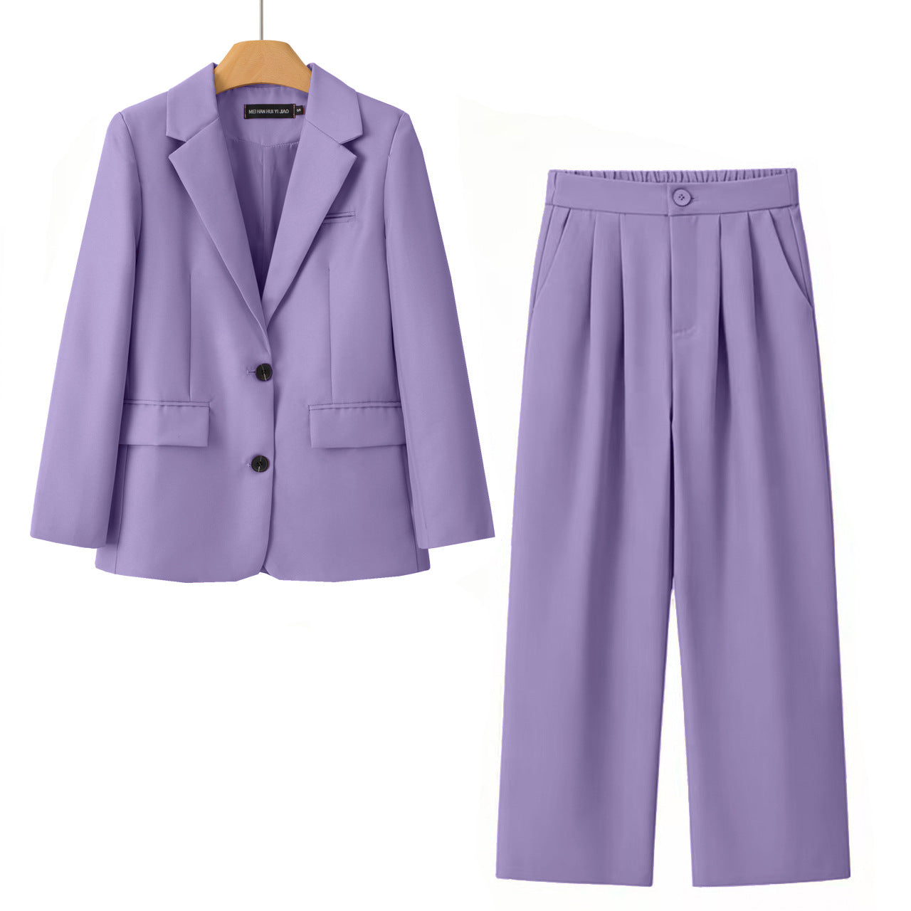 A women's two-piece suit set in lavender purple, featuring a single-breasted blazer with notch lapels and two front buttons, paired with high-waisted pleated trousers, shown on a white background.