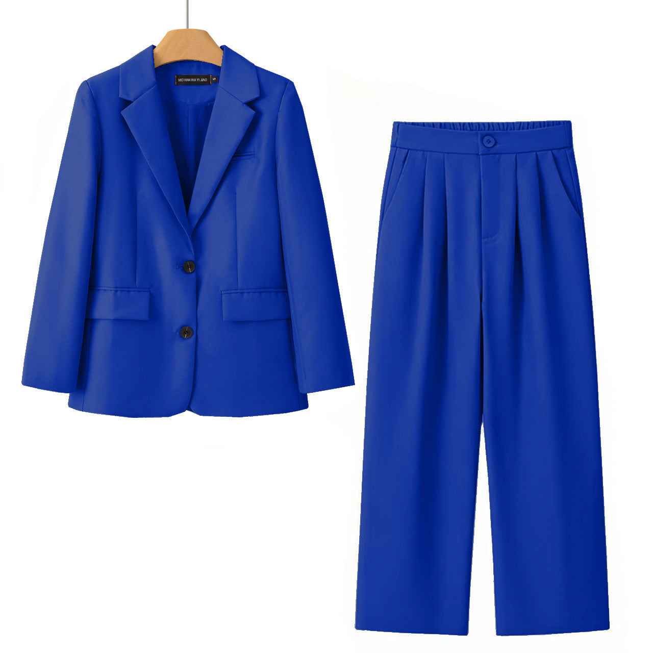A two-piece women's suit set in a vibrant royal blue color, featuring a single-breasted blazer on a wooden hanger and matching pleated wide-leg trousers, displayed against a solid white background.