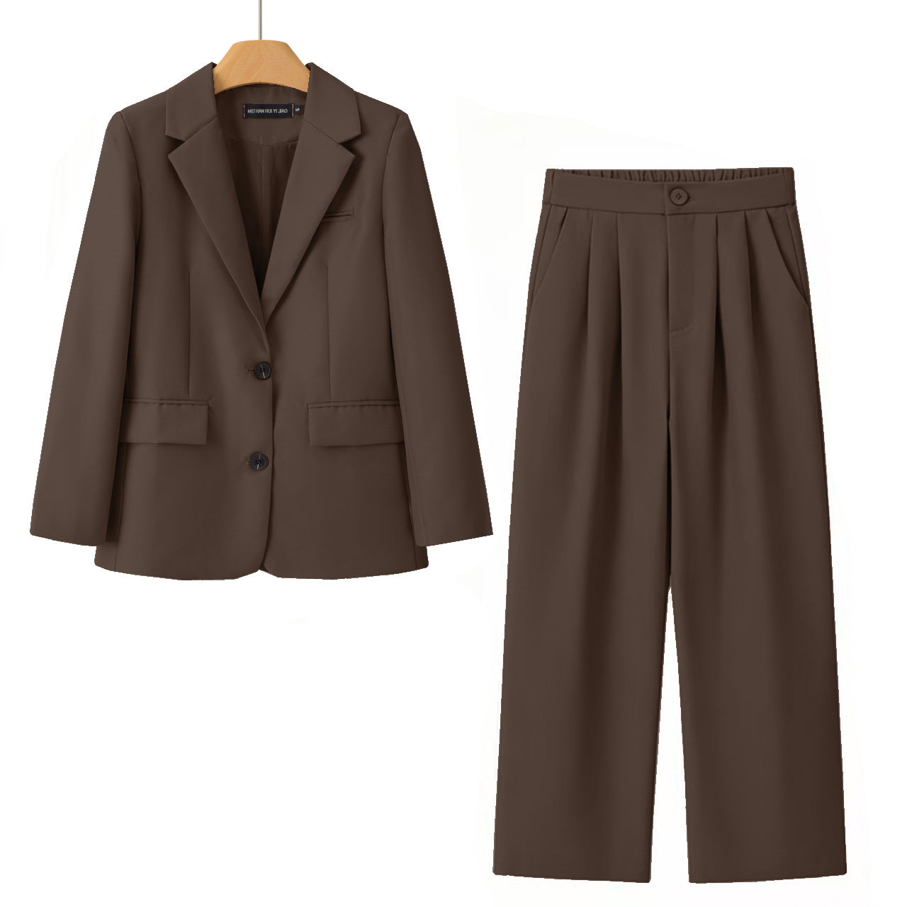 A women's two-piece suit set in a solid dark brown color, featuring a single-breasted blazer with notch lapels and pleated wide-leg trousers, displayed on a clean white background.