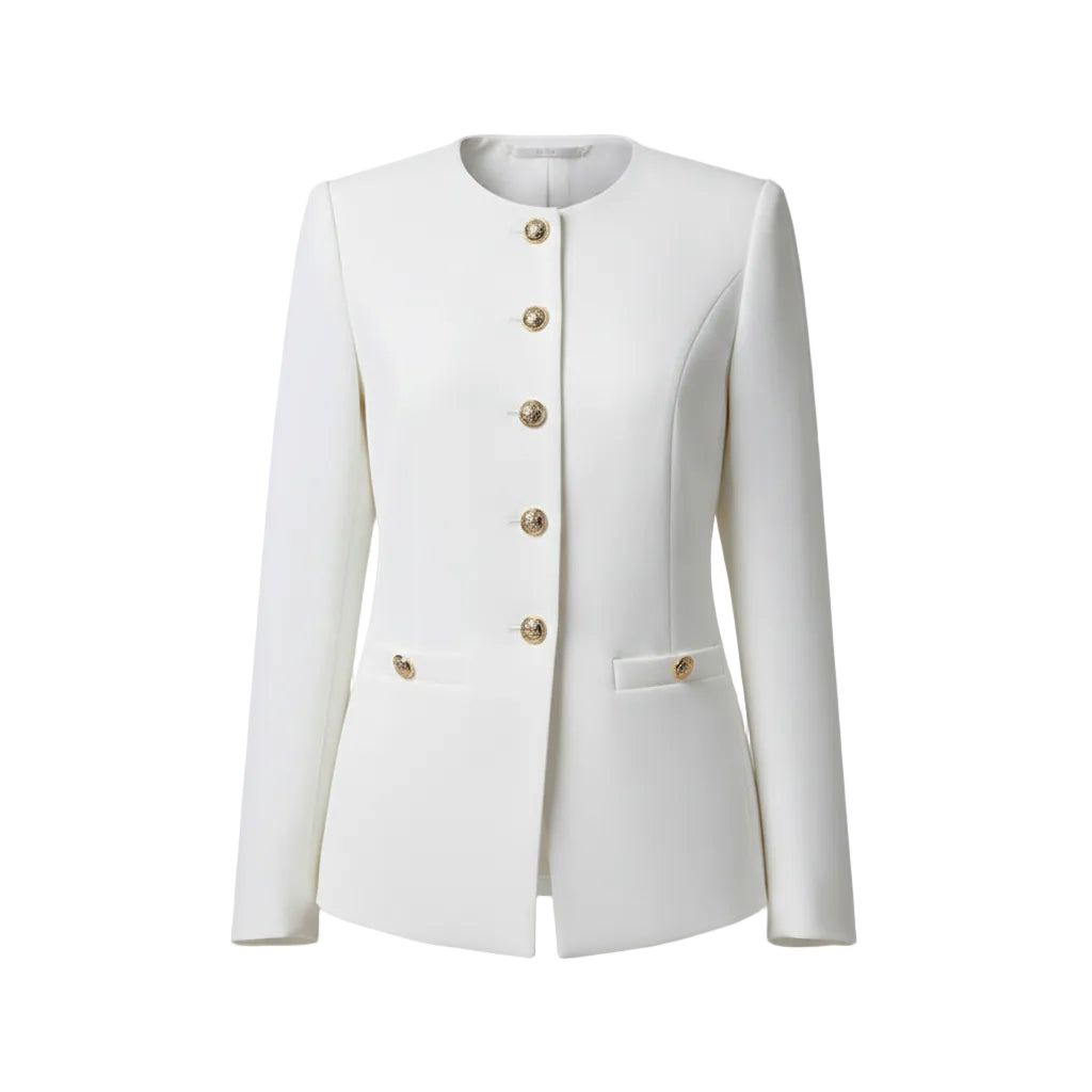 A woman wearing a white long-sleeve blazer with decorative gold-tone buttons down the front and flap pockets, paired with black pants.