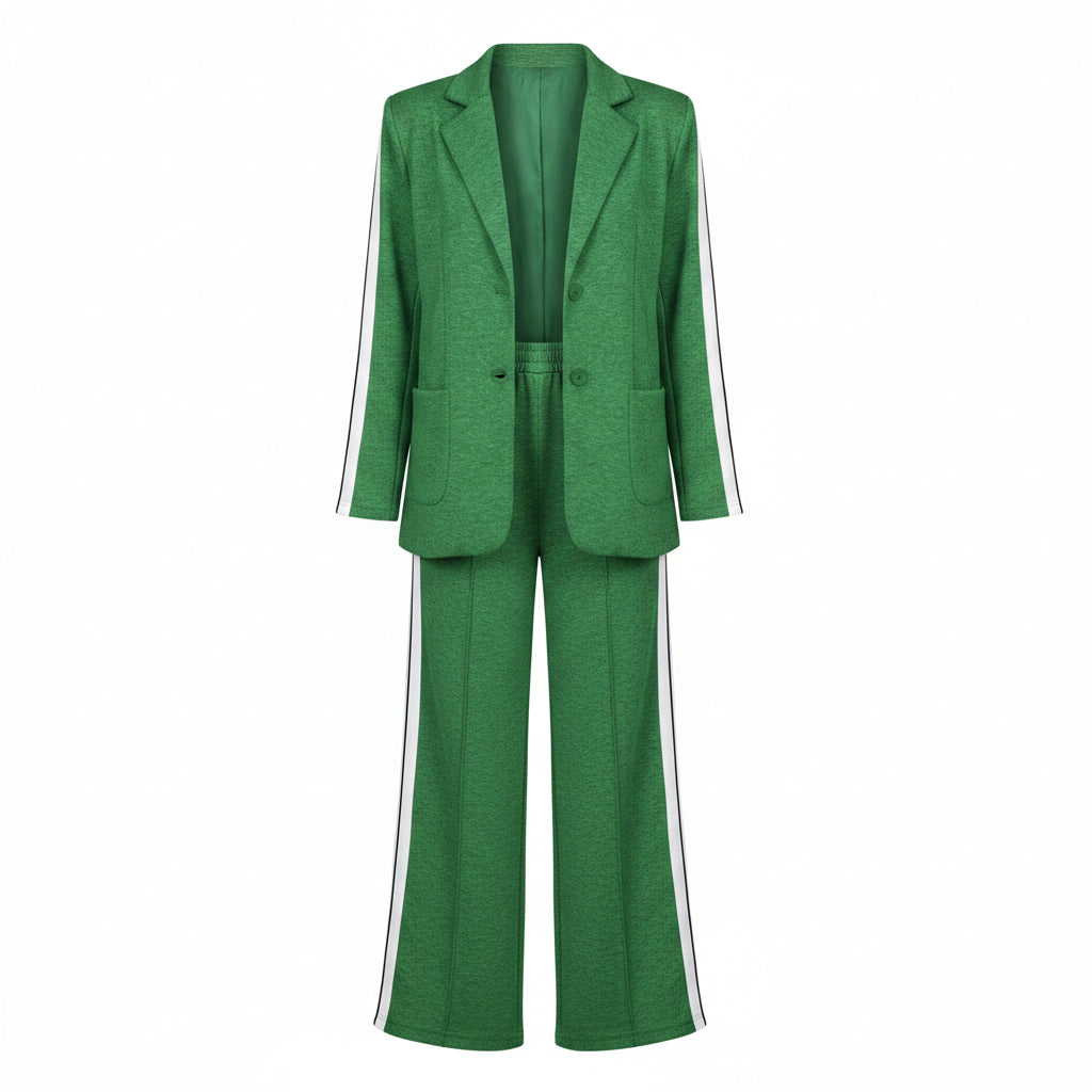 Woman wearing a green suit with white stripes in a room with shelves and shoes.