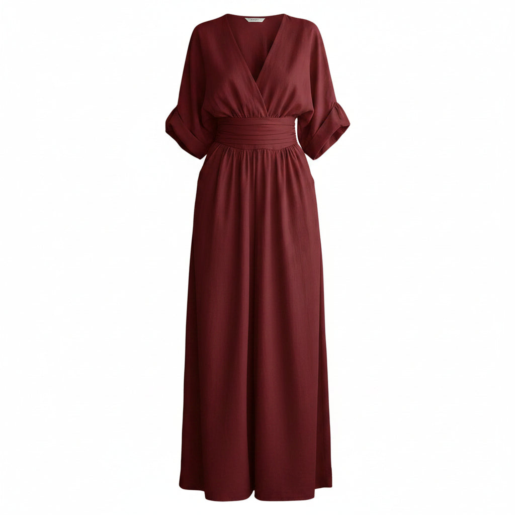 Maroon dress worn by a model on a white background