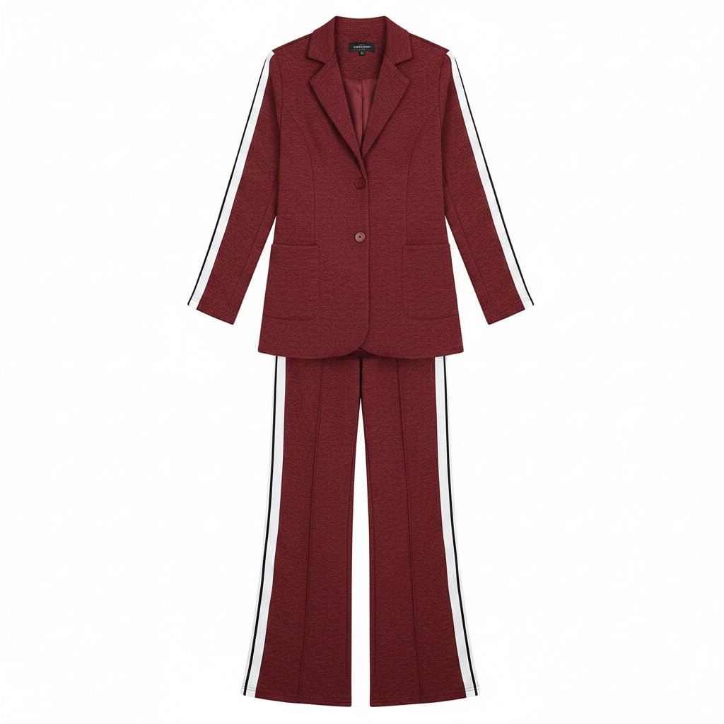 Woman in a red suit standing in front of a wardrobe with shoes and bags.