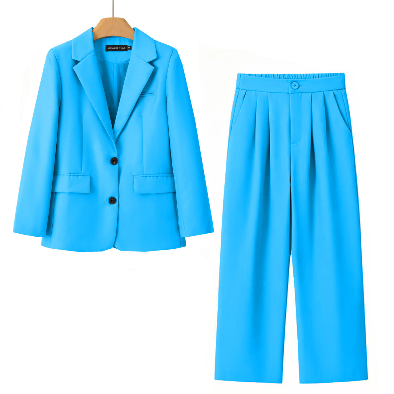 A bright blue two-piece women's suit set featuring a single-breasted blazer on a wooden hanger and matching pleated trousers, displayed against a solid white background.