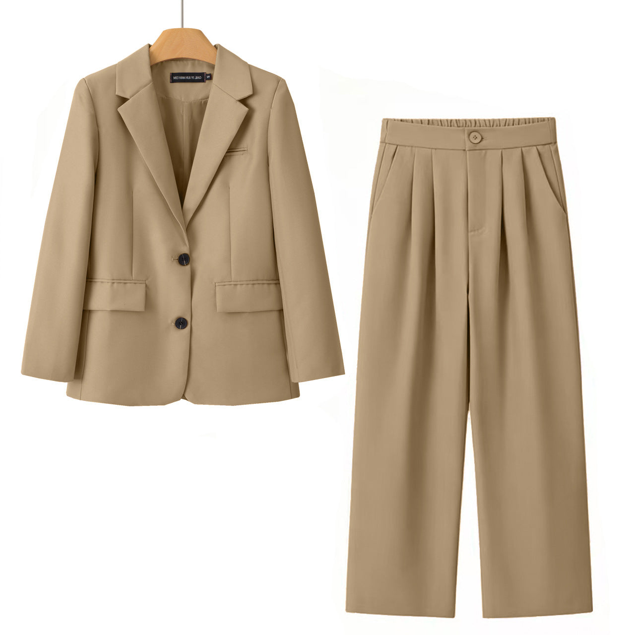 A women's two-piece suit set in lavender purple, featuring a single-breasted blazer with notch lapels and two front buttons, paired with high-waisted pleated trousers, shown on a white background.