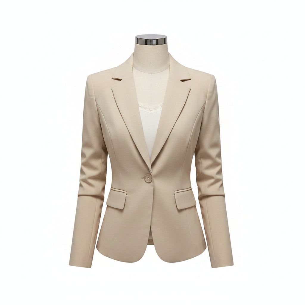 Woman wearing a beige blazer over a white top in an indoor setting