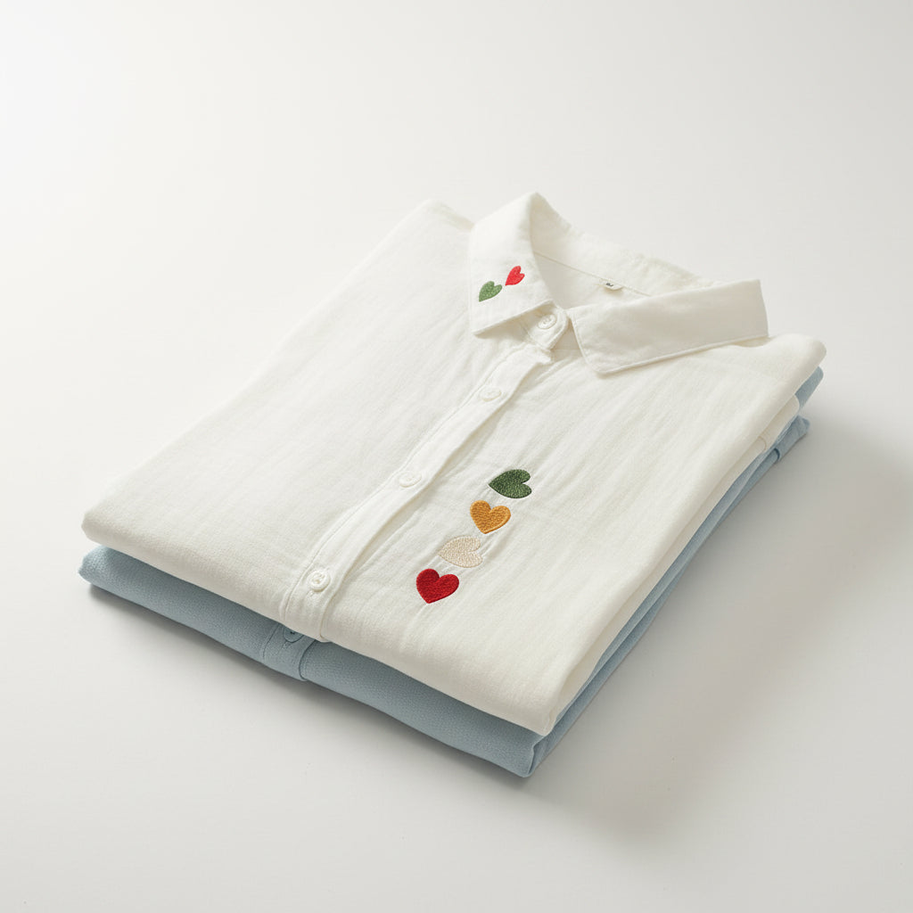 Two folded shirts, one white with embroidered hearts and one light blue, on a wooden surface.