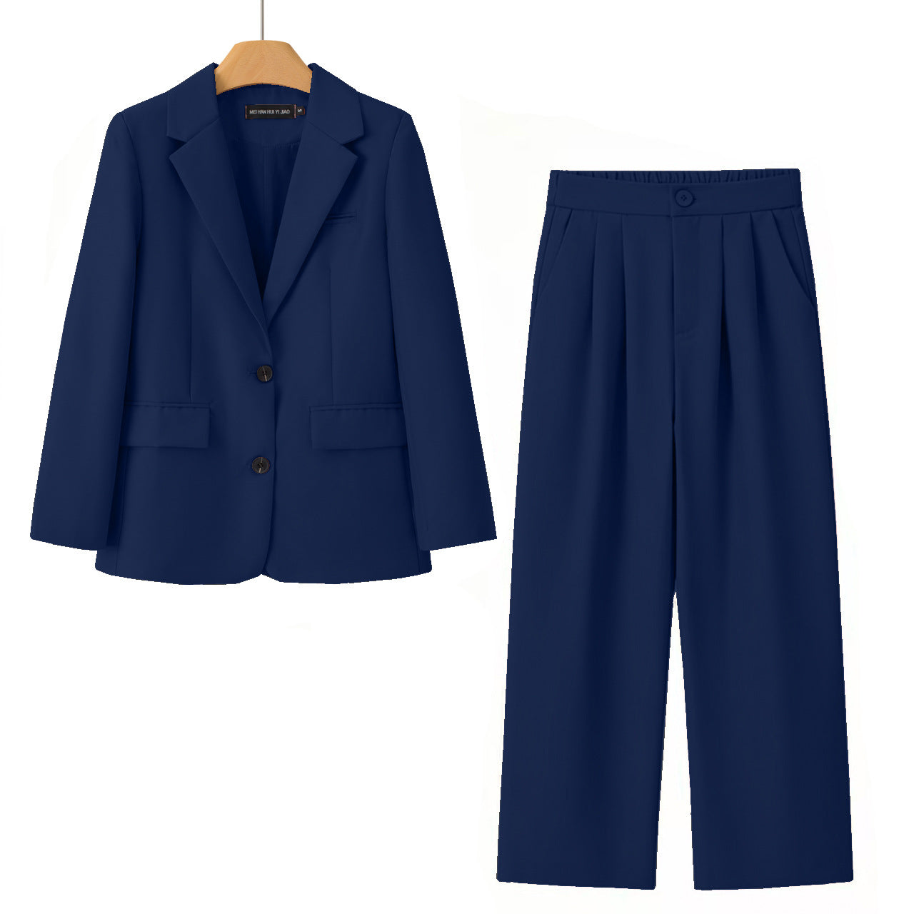 A navy blue two-piece women's suit set consisting of a double-breasted blazer on a wooden hanger and matching pleated wide-leg trousers, displayed against a solid white background.