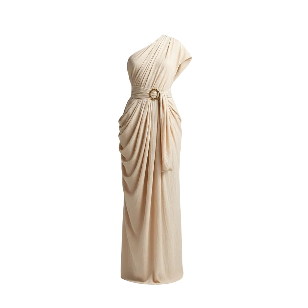 Woman wearing a flowing beige dress against a textured beige wall.